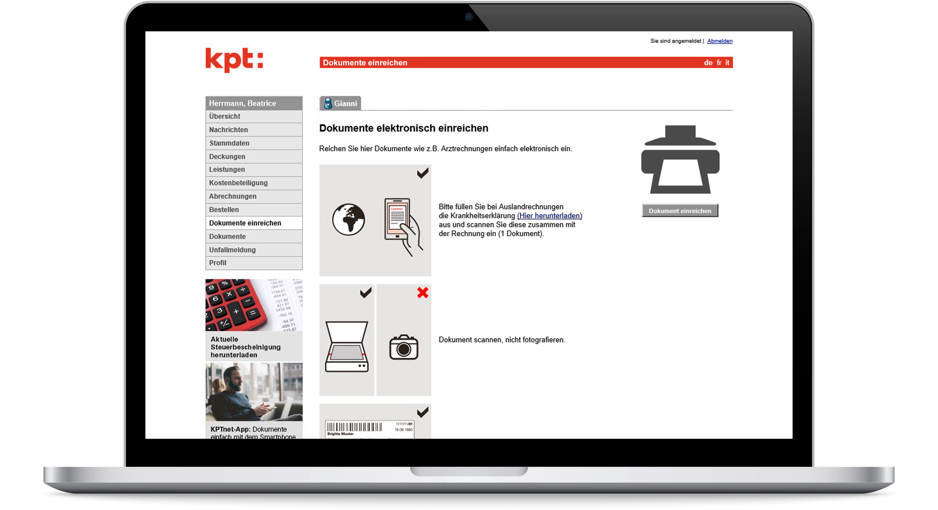 Dokumente online einreichen mit dem Kundenportal KPTnet