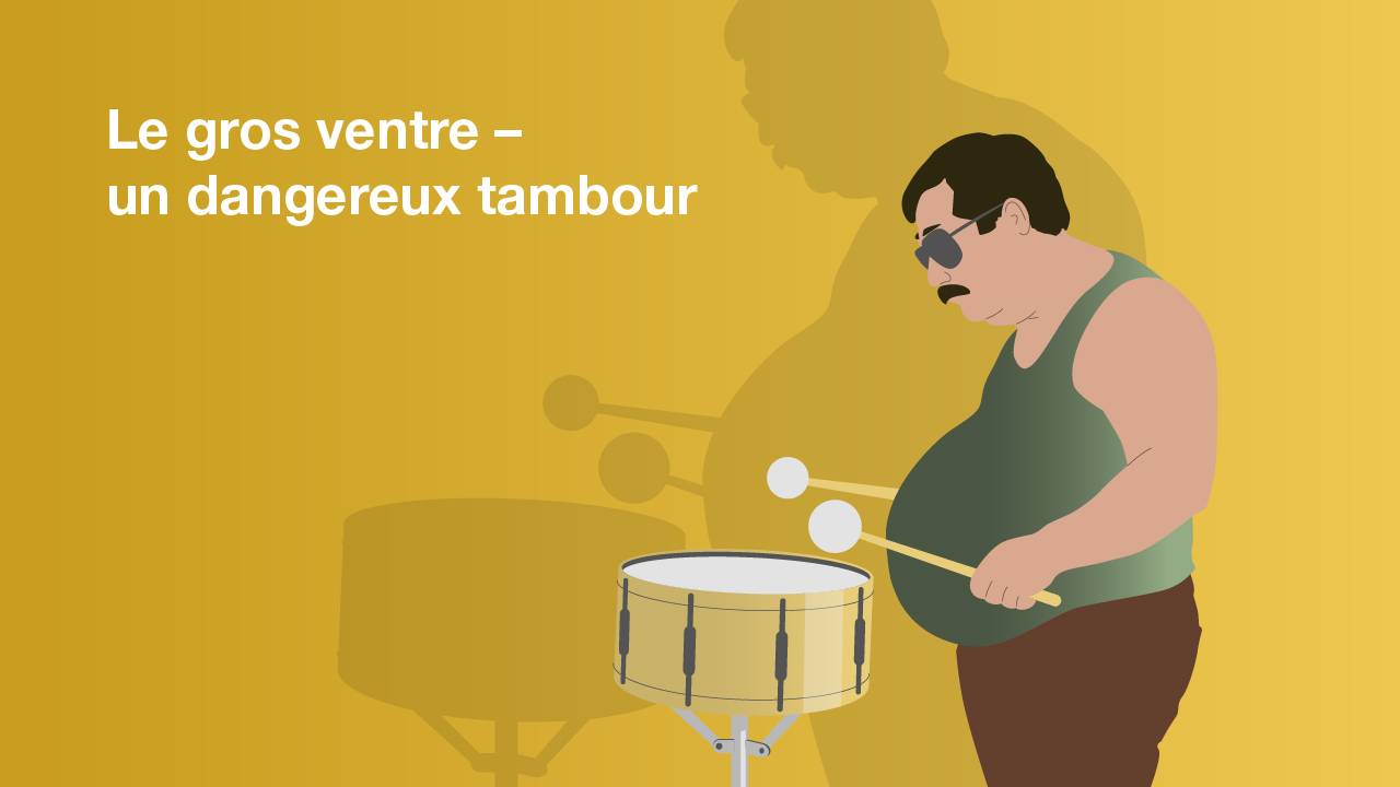 Illustration du type de ventre « gros ventre » : un homme avec un gros ventre joue du tambour avec deux bâtons.