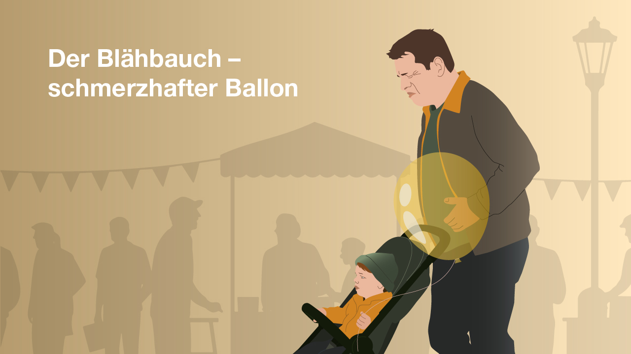 Illustration des Bauchtyps „der Blähbauch“: Ein Mann mit Blähbauch und Bauchschmerzen spaziert mit einem Kinderwagen.