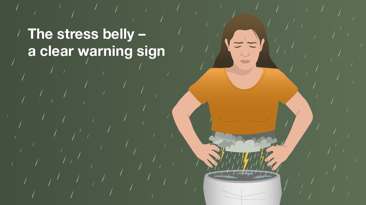 Illustration of the belly shape ‘stress belly’: a woman with a stress belly has a visible stomach ache.