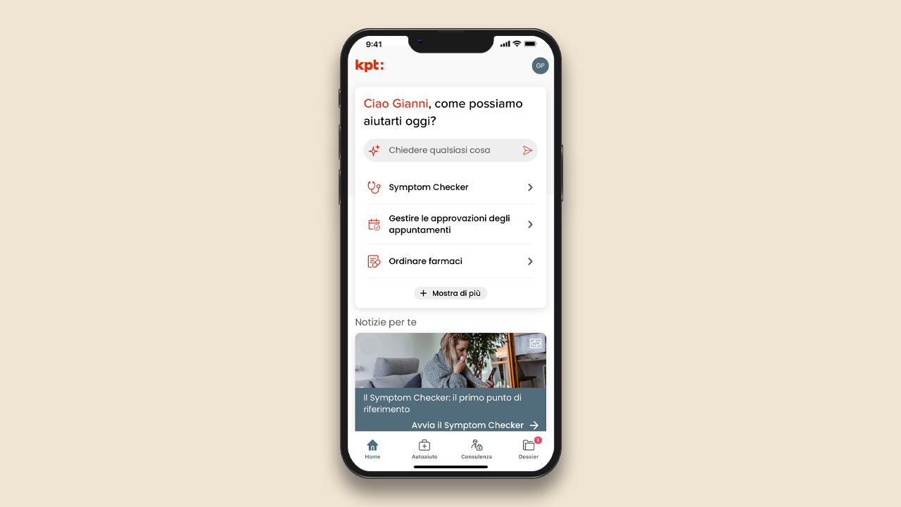 Uno smartphone mostra l’app Well. Sullo schermo compaiono un riepilogo della salute e un menu.