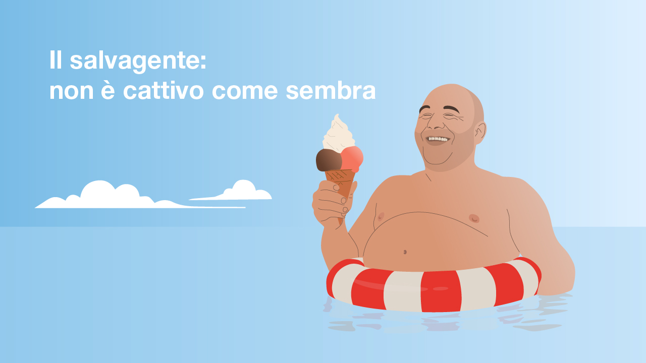 Illustrazione del tipo di pancia «salvagente»: un uomo in acqua con un salvagente e un gelato in mano.