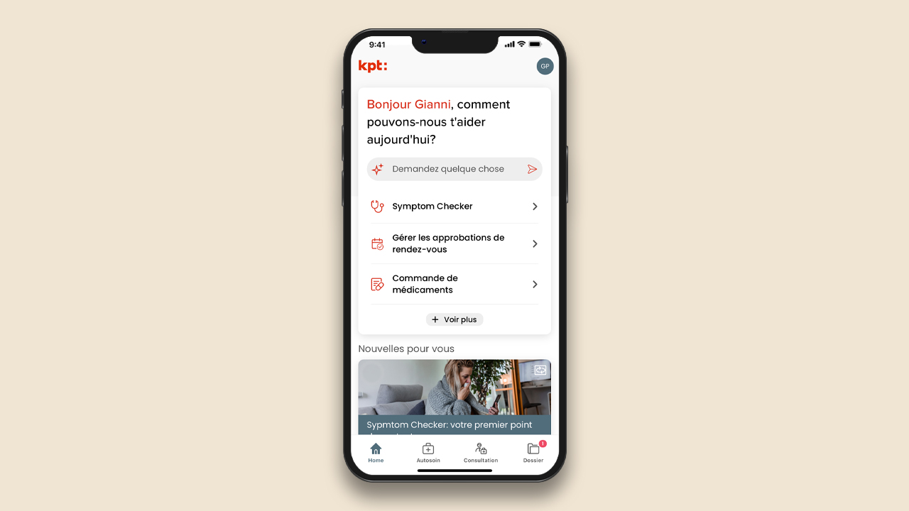 Un smartphone affiche l’app Well. On peut voir sur l’écran un récapitulatif de l’état de santé d’une personne ainsi qu’un menu.