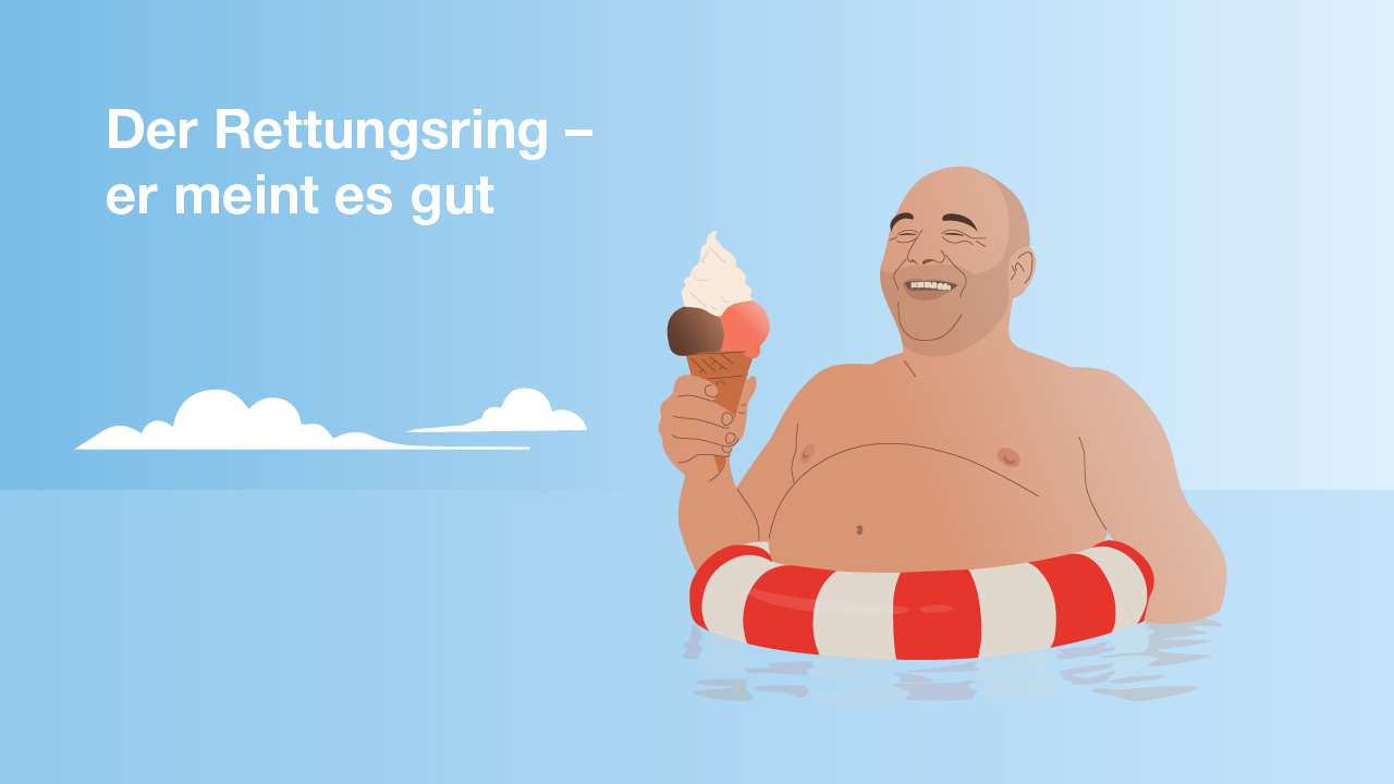 Illustration des Bauchtyps „Rettungsring“: Ein Mann im Wasser mit einem Rettungsring und einem Eis in der Hand.