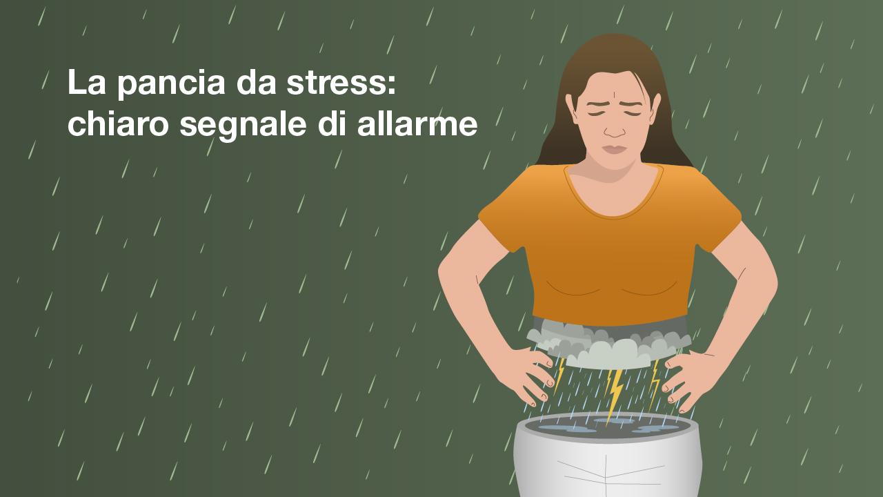Illustrazione del tipo di pancia «pancia da stress»: una donna con la pancia da stress ha un evidente mal di pancia.