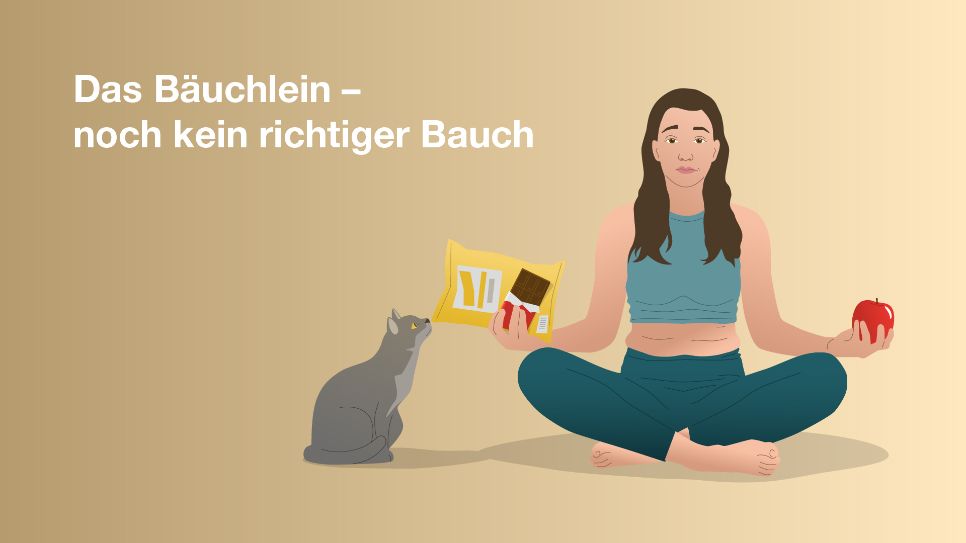 Illustration des Bauchtyps „Bäuchlein“: Eine Frau sitzt in Meditationsposition mit einer Katze an ihrer Seite.