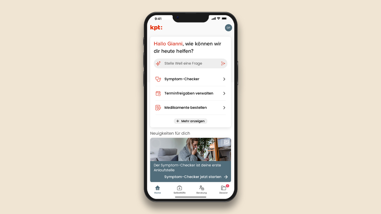 Ein Smartphone zeigt die Well-App. Auf dem Bildschirm sind eine Gesundheitsübersicht und ein Menü zu sehen.