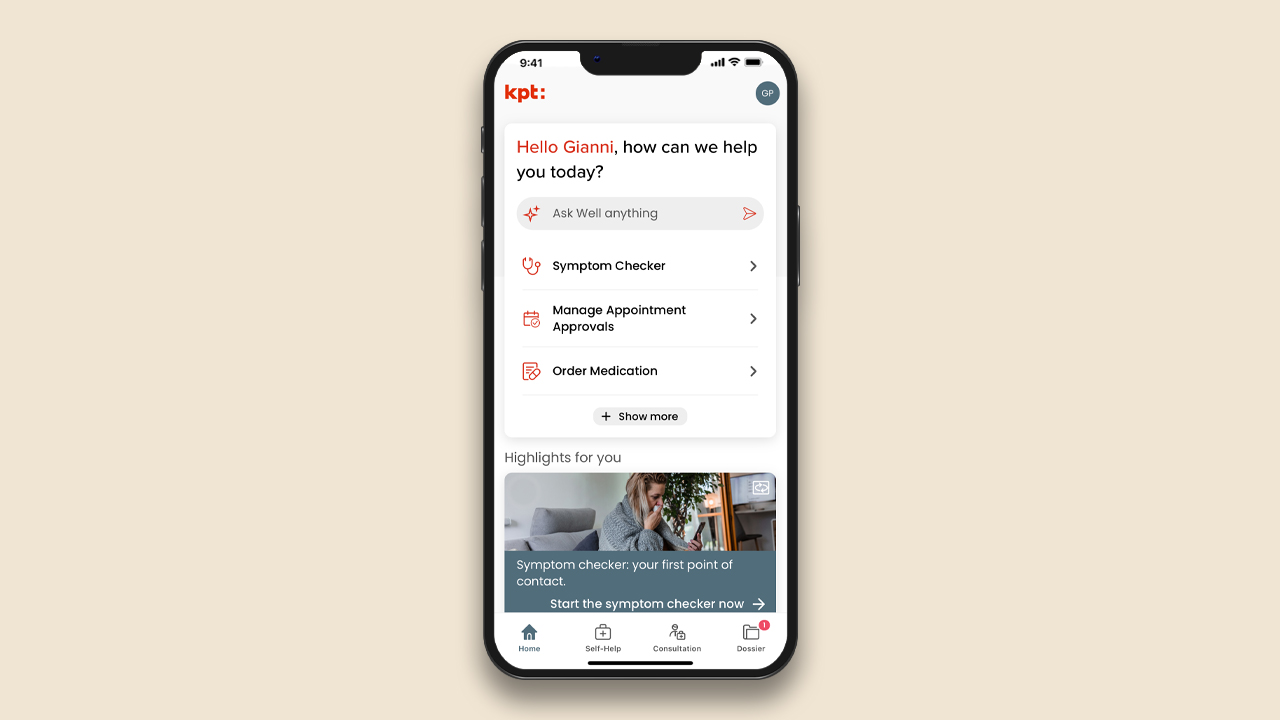 Un smartphone affiche l’app Well. On peut voir sur l’écran un récapitulatif de l’état de santé d’une personne ainsi qu’un menu.