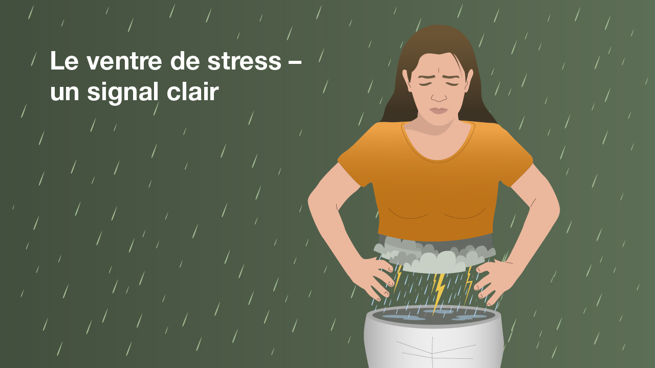 Illustration du type de ventre «ventre de stress» : une femme avec un ventre de stress a visiblement mal au ventre.