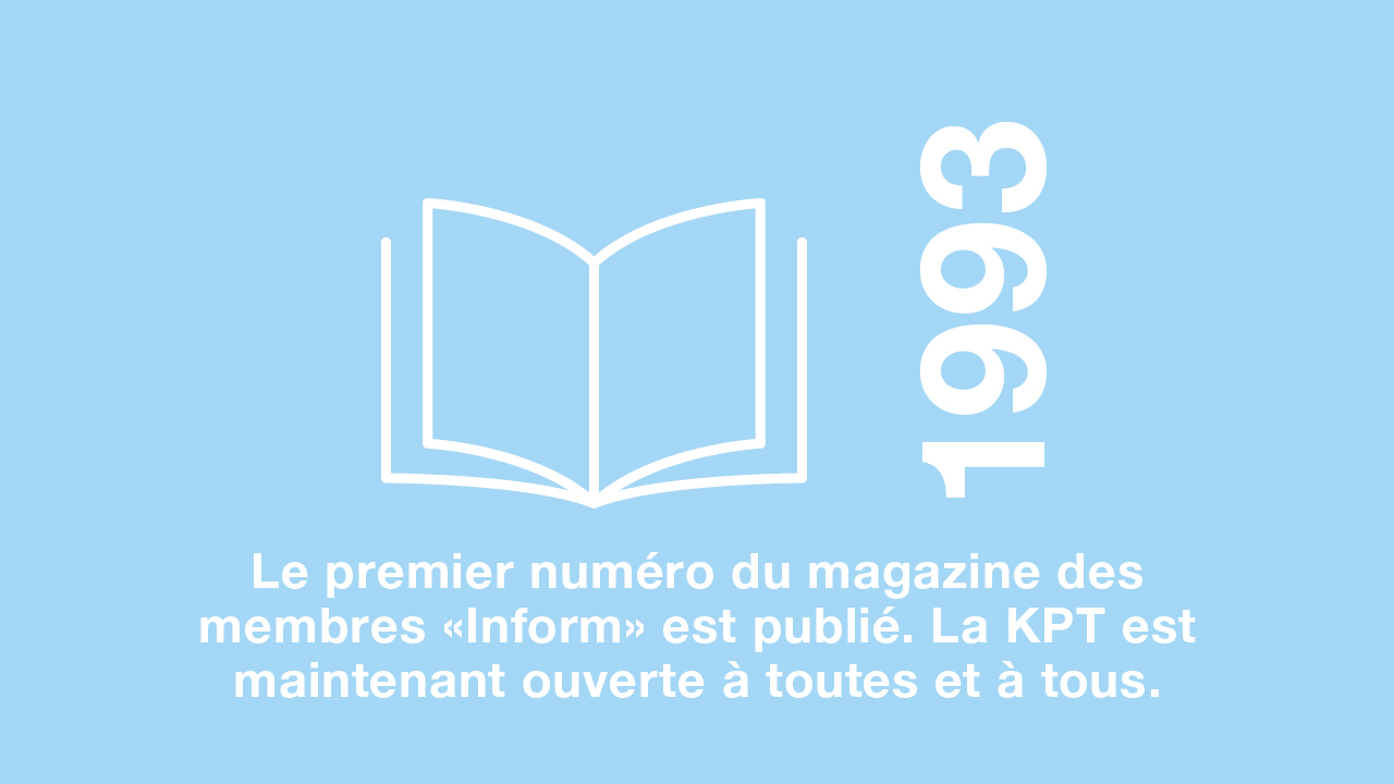 1993: Parution du 1er numéro du magazine des membres «Inform». La KPT est désormais ouverte à tous.