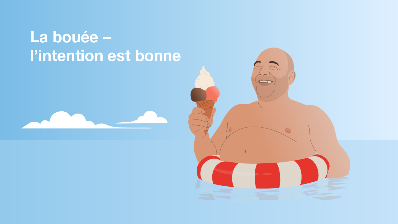 Illustration du type de ventre «la bouée» : un homme dans l'eau avec une bouée de sauvetage et une glace à la main.
