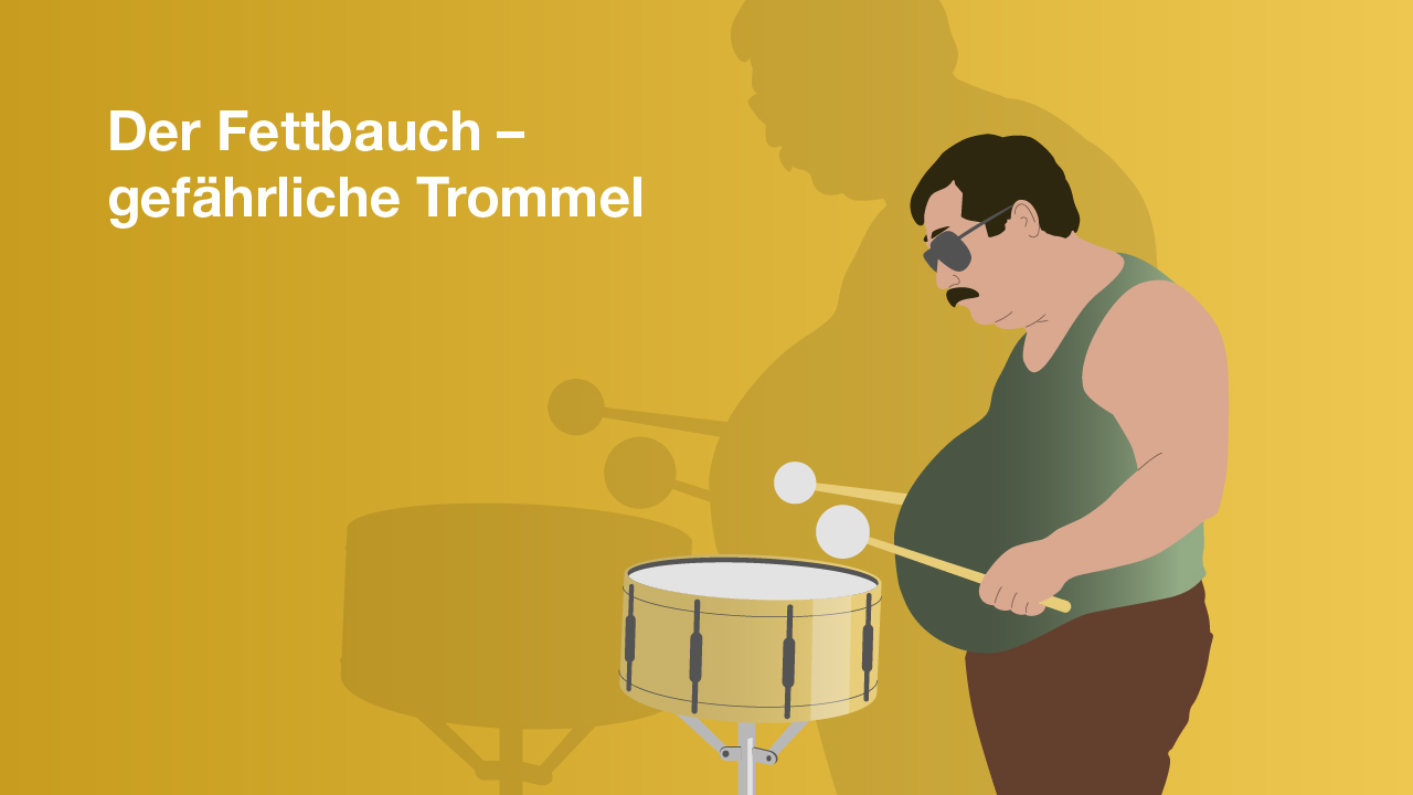 Illustration des Bauchtyps „der Fettbauch“: Ein Mann mit Fettbauch spielt mit zwei Stöcken Trommel.