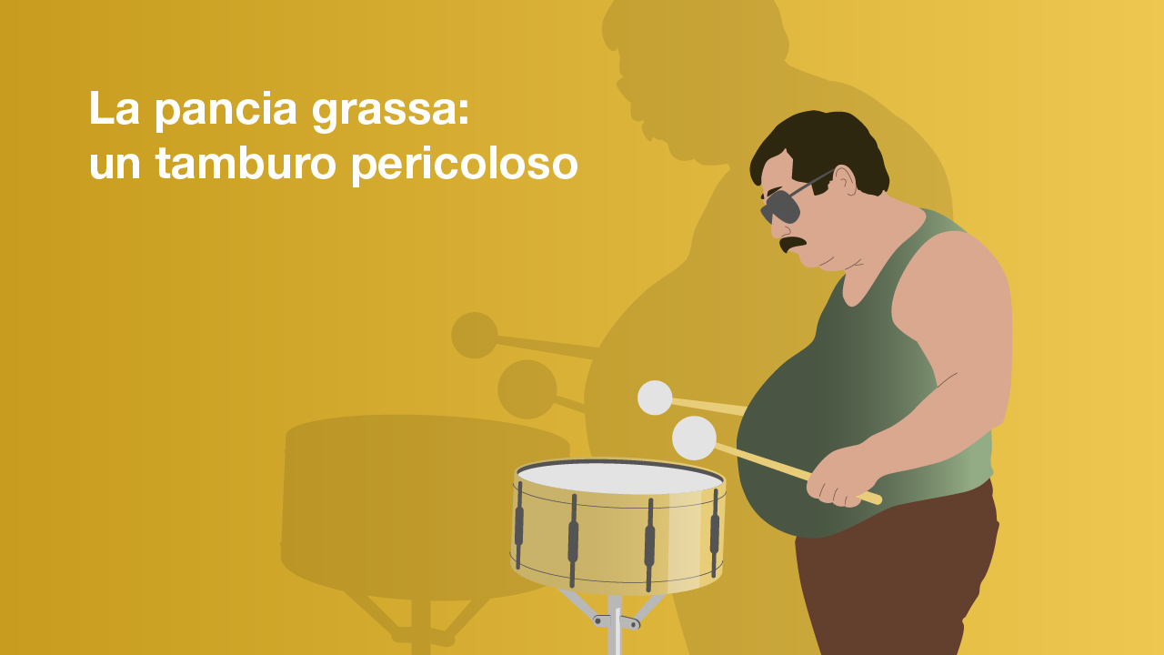 Illustrazione del tipo di pancia «pancia grassa»: un uomo con la pancia grassa suona il tamburo con due bacchette.